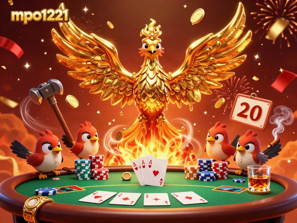 Engage with mpo1221's dynamic casino scene featuring a molten metal phoenix and vibrant poker elements.