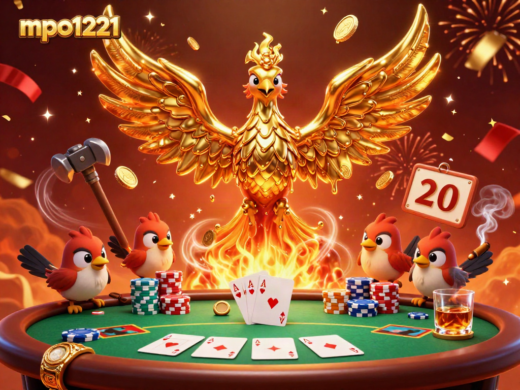 Engage with mpo1221's dynamic casino scene featuring a molten metal phoenix and vibrant poker elements.