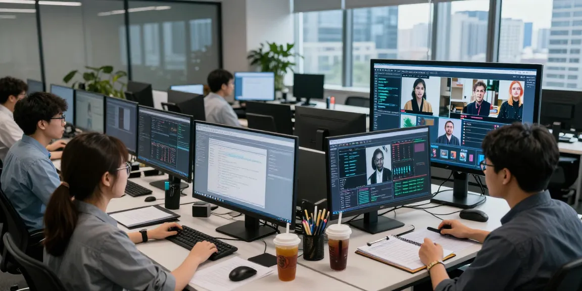 Content moderation specialists actively detect AI images in a high-tech workspace