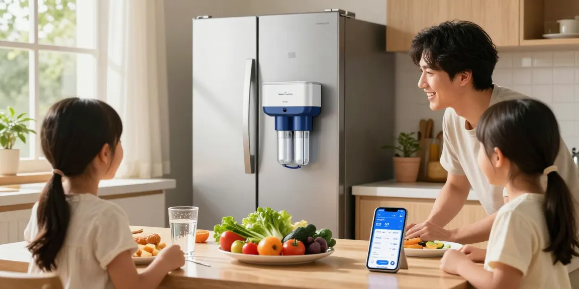 Maxblue UKF8001 Refrigerator Water Filter featured in a bright kitchen setting, highlighting the importance of clean water for family health.