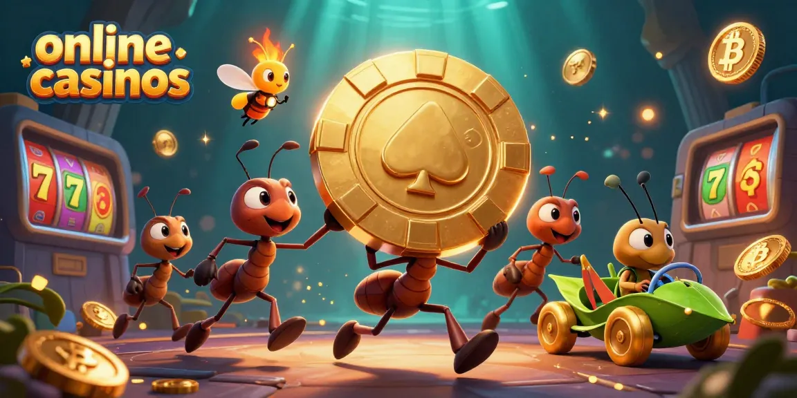Exciting scene of cartoon ants carrying a giant poker chip in online casinos game setting.