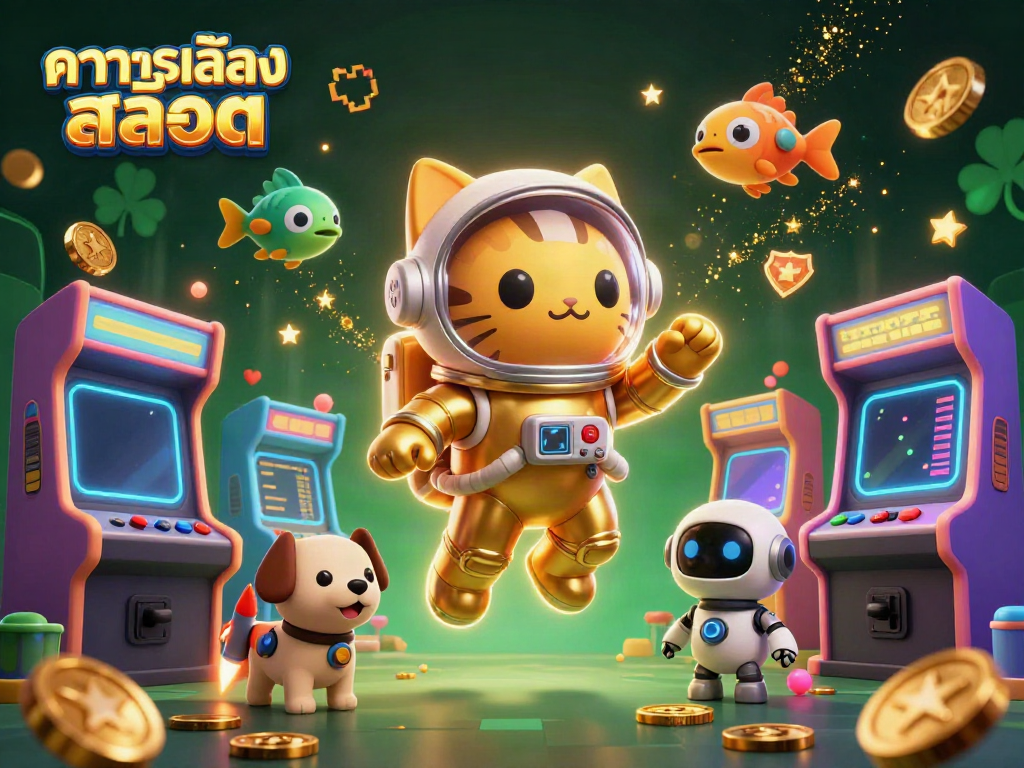 ทดลองเล่นสล็อตในรูปภาพ 3D ของแมวอวกาศและสุนัขหุ่นยนต์พร้อมเครื่องเกมสล็อต