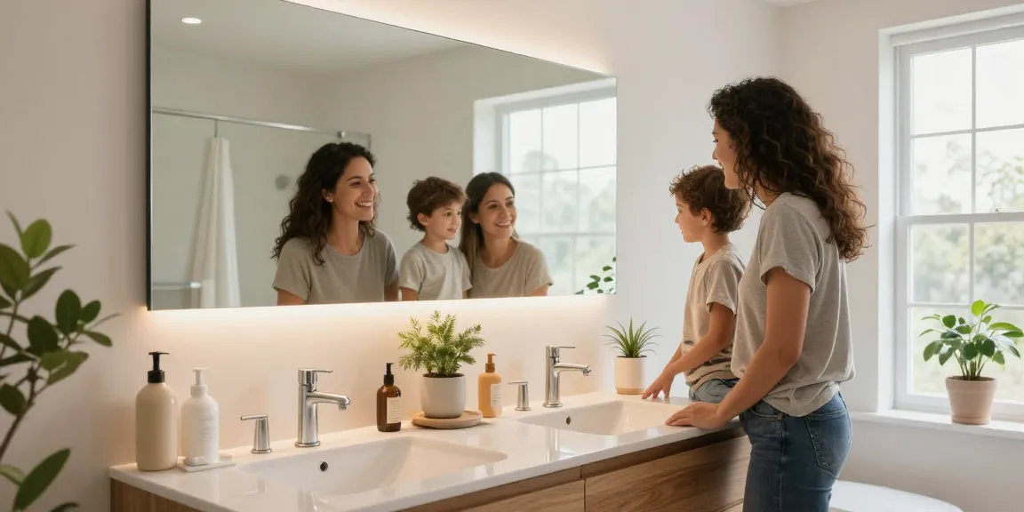 Stylish bathroom vanity with a young couple choosing fixtures in a bright modern setting