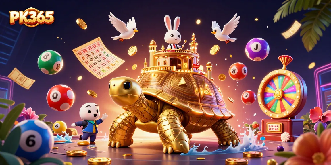Experience winnings with PK365, a golden tortoise casino, bouncing lottery balls, and dynamic prizes.