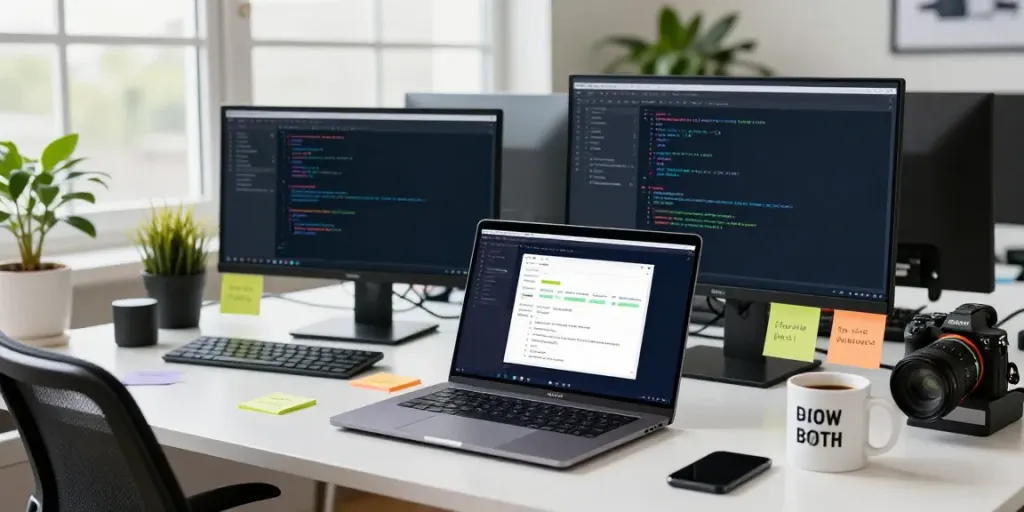 Workspace scene at h5.2113.net, showcasing app development with vibrant monitors and tech gadgets.