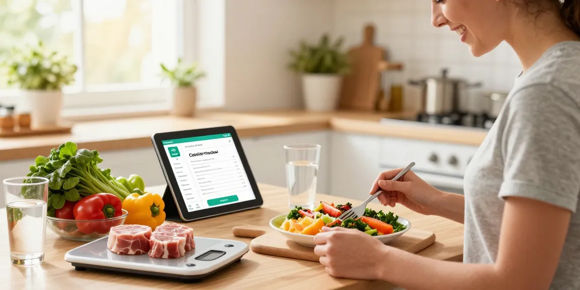 Healthy meal preparation with the best calorie tracker app on a tablet in a bright kitchen.
