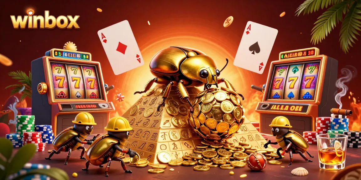 Winbox showcases exciting gameplay with golden beetles rolling coins among vibrant slot machines.
