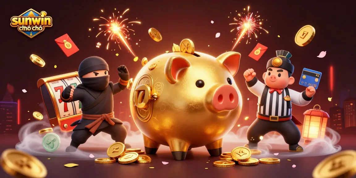 Experience the thrill with sunwin chính chủ in this vibrant 3D casino scene featuring a golden piggy bank sumo wrestler.