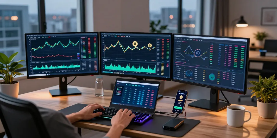 Cricbet99 trading workspace showcasing cryptocurrency analysis on screens and digital wallets.