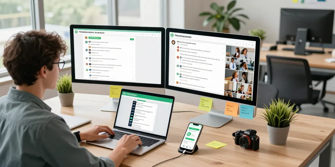 An engaging workspace showcasing WhatsApp網頁版 in use on dual monitors, reflecting modern tech communication.
