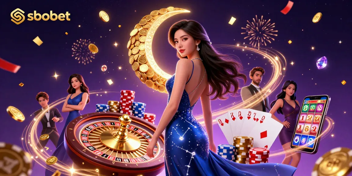 Experience sbobet excitement with a glamorous Asian woman amidst spinning roulette and casino elements.