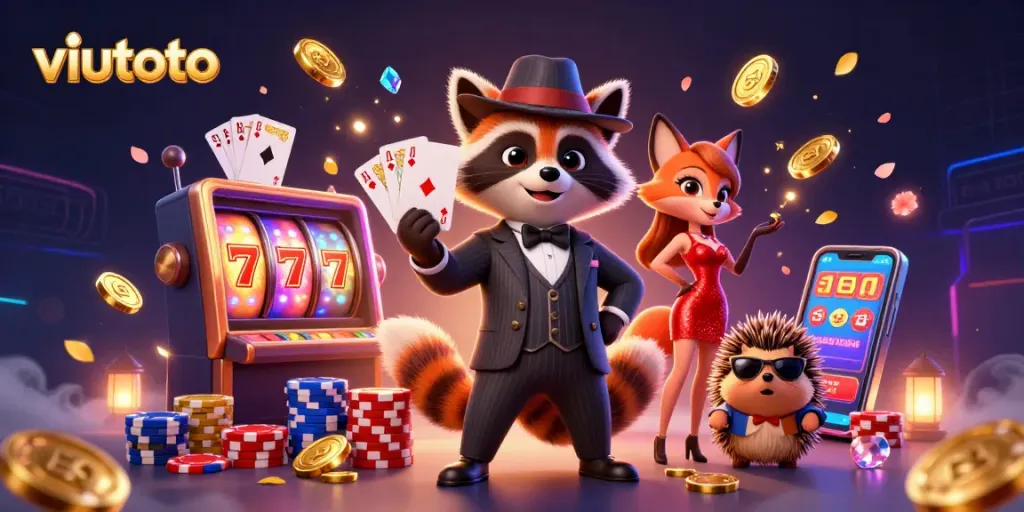 Viutoto menunjukkan permainan slot dengan karakter lucu dan jackpot menarik di dalam suasana kasino yang megah.