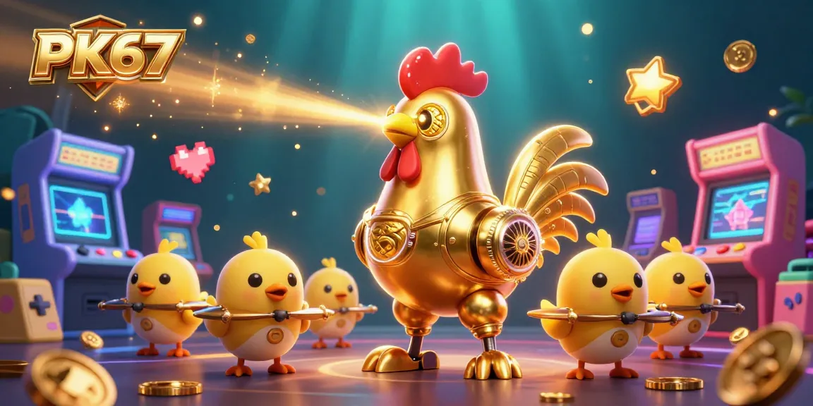 Experience PK67 with a golden rooster robot and baby chick drones in a vivid casino arcade scene.