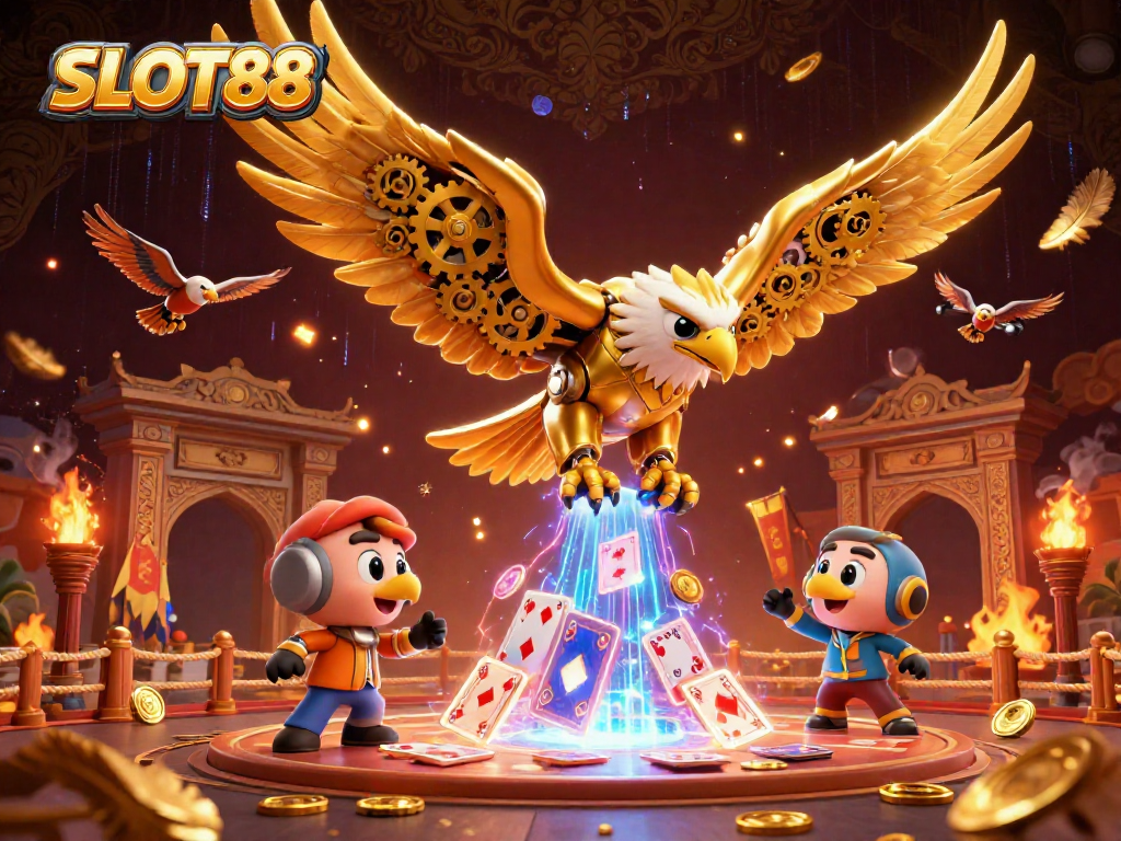 Slot88 memberikan pengalaman menarik dengan ilustrasi 3D yang menggambarkan burung elang emas dan kartu bermain.