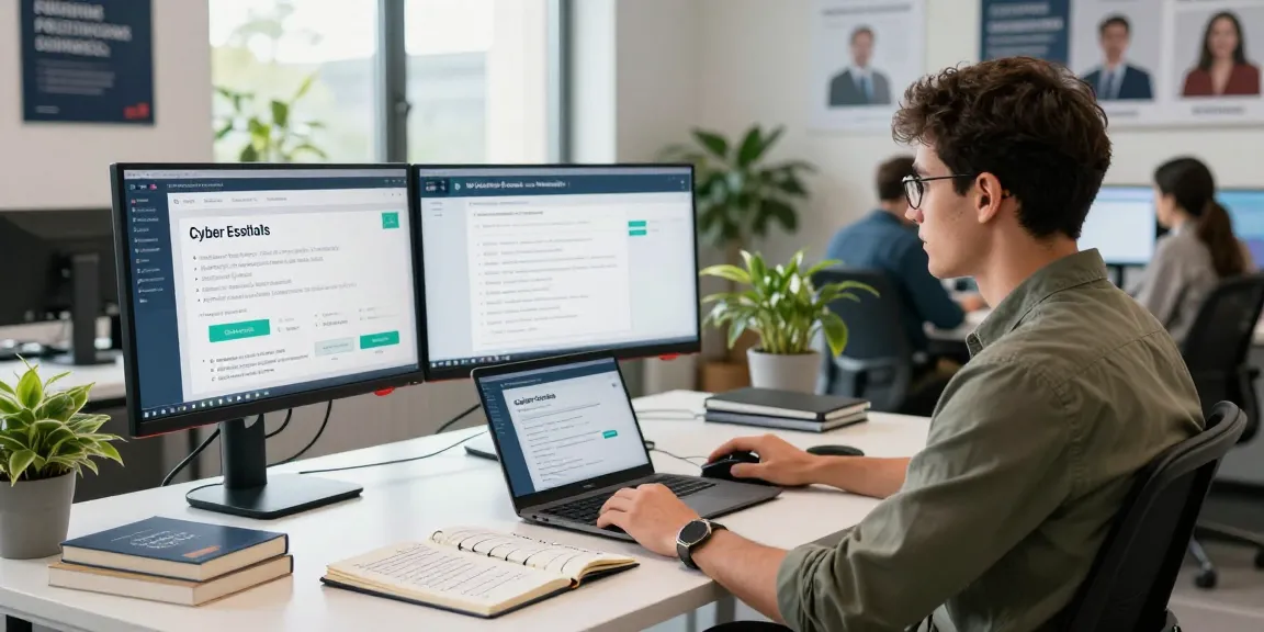 IT professional managing cyber essentials accreditation in a modern office
