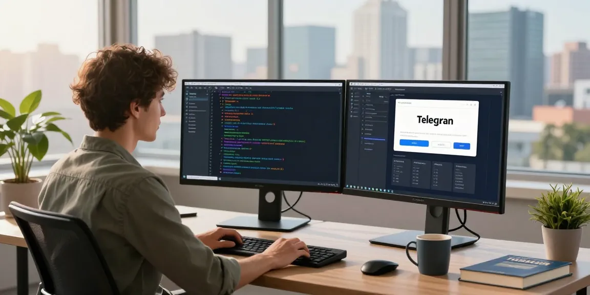 Developer configuring telegram chinese features on dual monitors in a bright tech workspace.