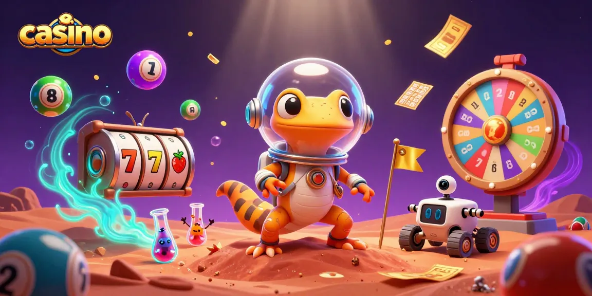 Engage with a vibrant casino scene featuring a Martian gecko and robot rover amidst lottery elements and exciting gameplay.