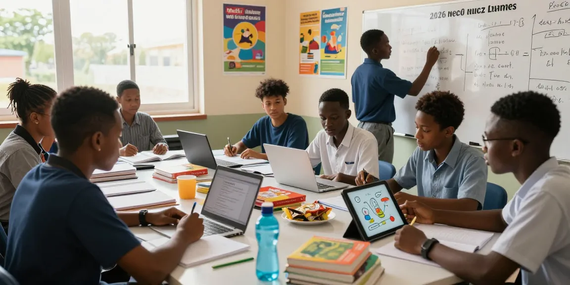 Students collaborating on study materials for the 2026 neco runz exams in a lively study space.