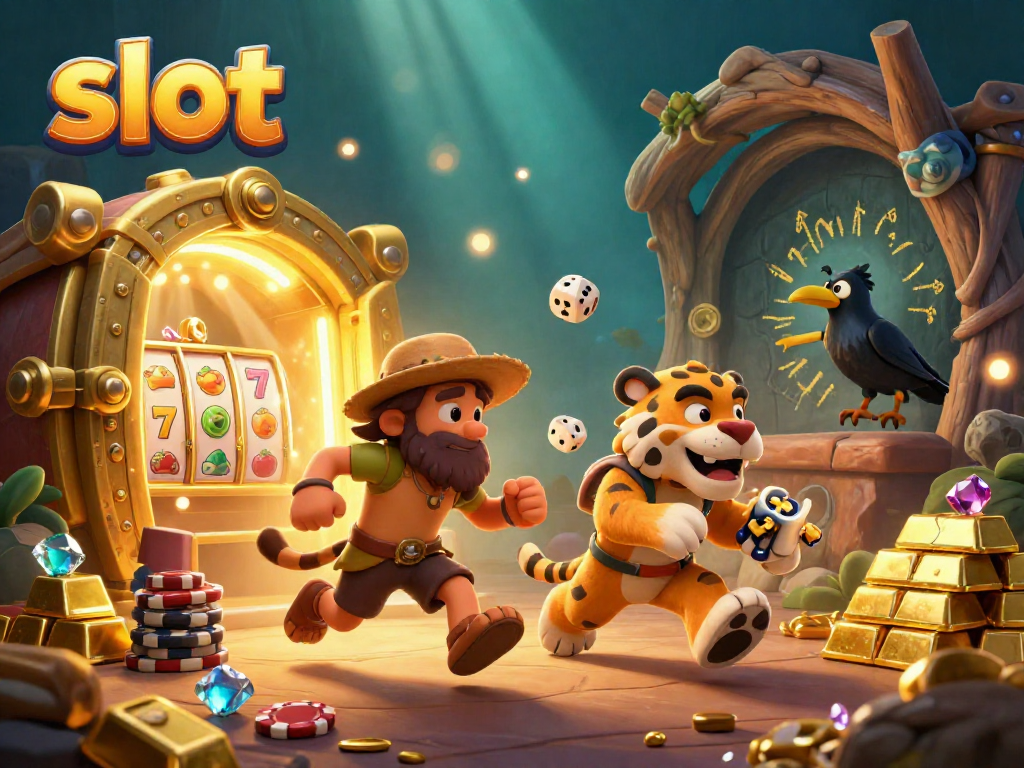 Experience vibrant slot gaming with a caveman and sabertooth duo in a prehistoric casino.