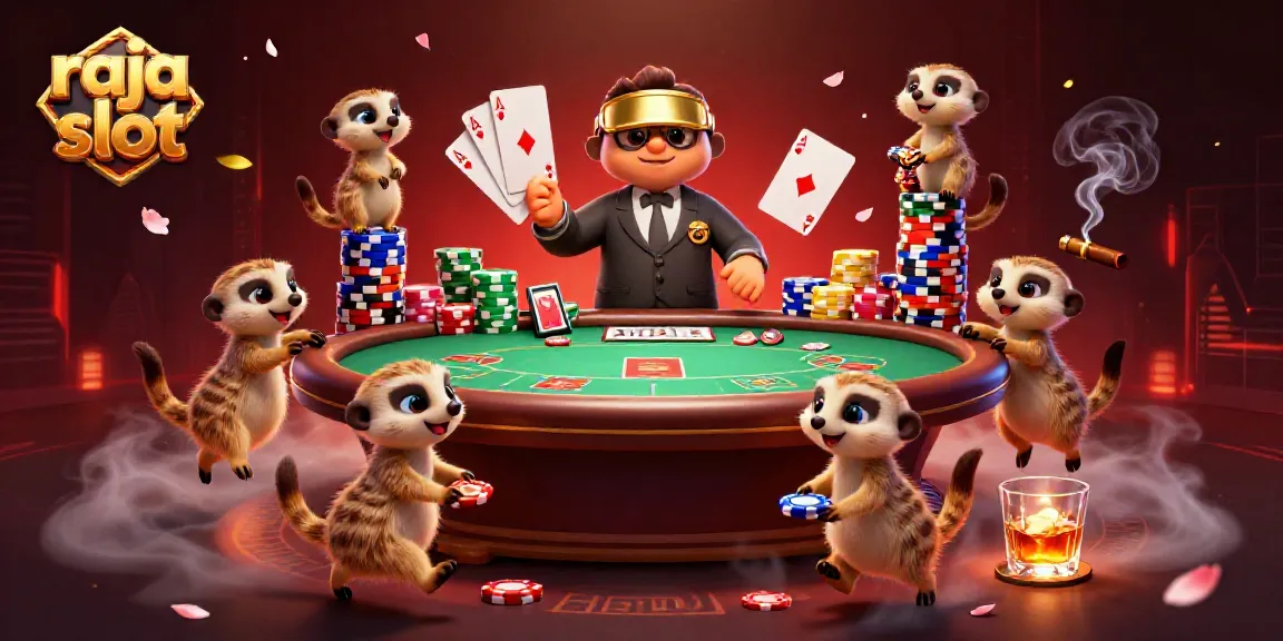 Gambarkan raja slot dengan meerkat bermain kasino, chip dan kartu terlihat.