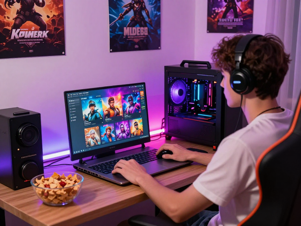 A young adult playing porngames on a laptop in a cozy bedroom with vibrant graphics and gaming peripherals.