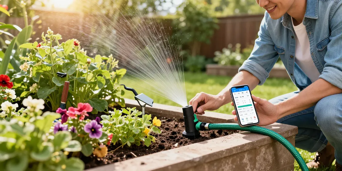 Homeowner using rainpoint water timer to automate garden watering with lush plants around.