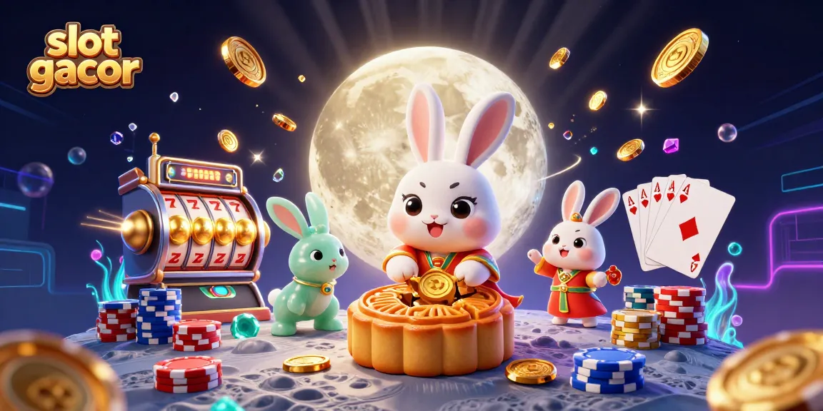 Experience slot gacor excitement with a moon rabbit and poker chips in a dynamic casino scene.