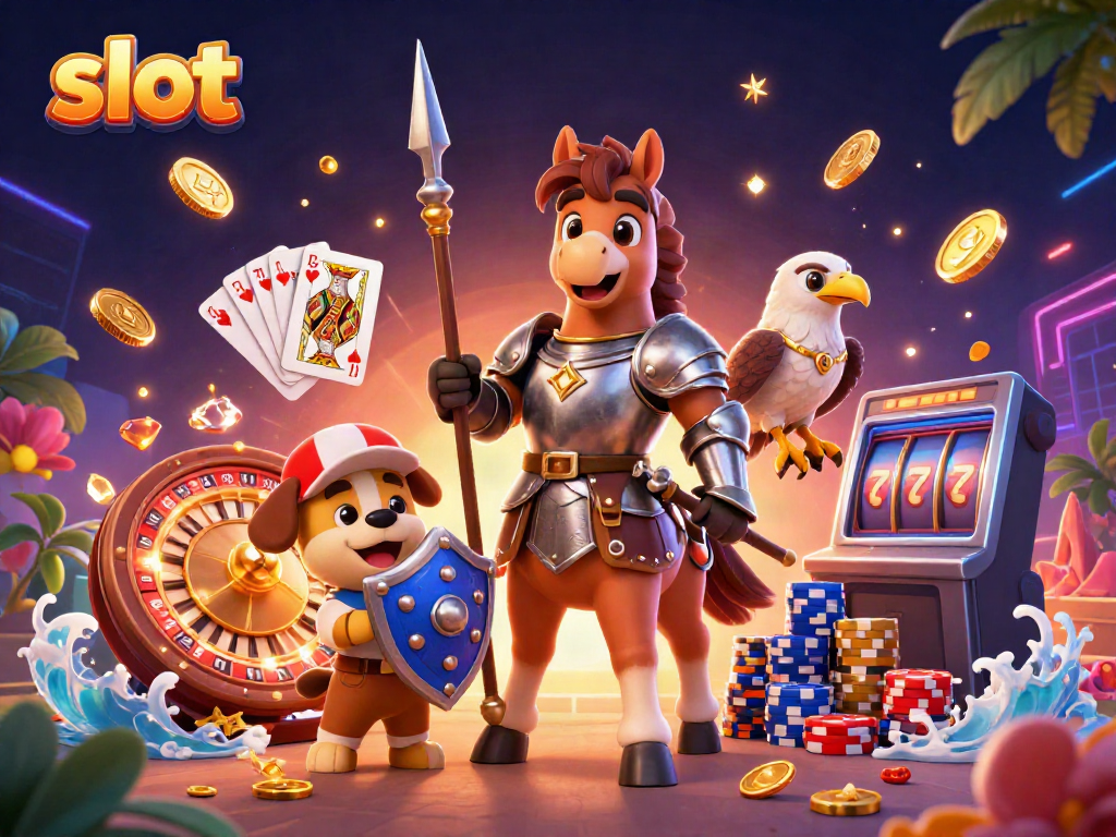 Visualize slot gameplay with cascading coins and vibrant 3D characters in a casino scene.