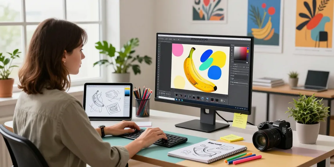 Designer using nano banana 2 in a vibrant creative workspace.