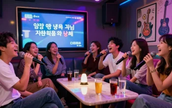 Karaoke enthusiasts enjoying a lively 강남노래방 experience with vibrant neon lights and a fun atmosphere.