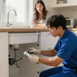 Rushden emergency plumber fixing a leak in a cozy kitchen, showcasing professionalism and urgency in a home setting.
