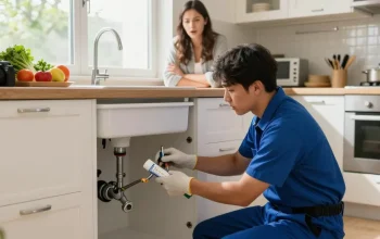 Rushden emergency plumber fixing a leak in a cozy kitchen, showcasing professionalism and urgency in a home setting.