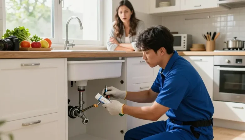 Rushden emergency plumber fixing a leak in a cozy kitchen, showcasing professionalism and urgency in a home setting.