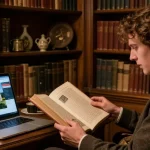 Engaged reader exploring Tynte's Castle history on NAGA2000, cozy library setting.
