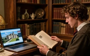 Engaged reader exploring Tynte's Castle history on NAGA2000, cozy library setting.