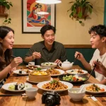 Friends enjoying Asian cuisine at a cozy café, celebrating culture through food at https://hanadultalk.com.
