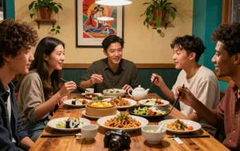 Friends enjoying Asian cuisine at a cozy café, celebrating culture through food at https://hanadultalk.com.