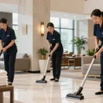 Professionelle Hotelreinigung im Lobbybereich mit Reinigungspersonal und freundlicher Atmosphäre.