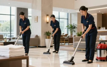 Professionelle Hotelreinigung im Lobbybereich mit Reinigungspersonal und freundlicher Atmosphäre.