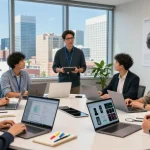Professional team exploring the innovative features of the NAGA2000 device in a modern office.