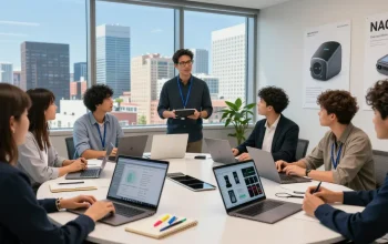 Professional team exploring the innovative features of the NAGA2000 device in a modern office.
