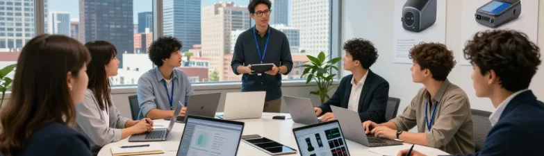Professional team exploring the innovative features of the NAGA2000 device in a modern office.