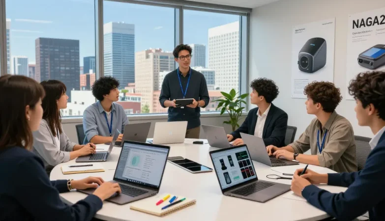 Professional team exploring the innovative features of the NAGA2000 device in a modern office.
