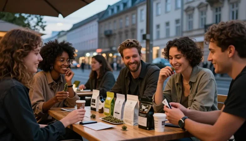 Where Can I Buy High-Potent Weed In Berlin? Friends enjoying high-quality cannabis products in a vibrant Berlin street setting.