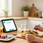 Healthy meal preparation with the best calorie tracker app on a tablet in a bright kitchen.