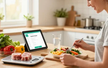 Healthy meal preparation with the best calorie tracker app on a tablet in a bright kitchen.