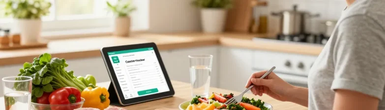 Healthy meal preparation with the best calorie tracker app on a tablet in a bright kitchen.