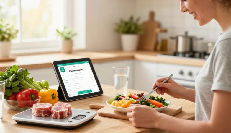 Healthy meal preparation with the best calorie tracker app on a tablet in a bright kitchen.