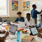 Students collaborating on study materials for the 2026 neco runz exams in a lively study space.
