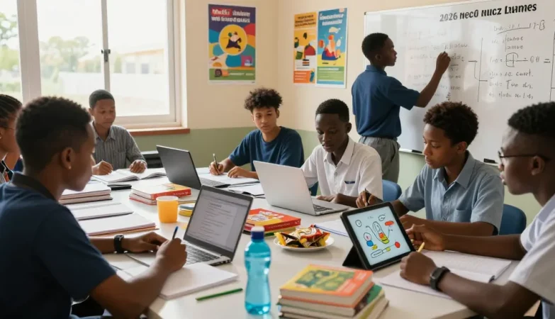 Students collaborating on study materials for the 2026 neco runz exams in a lively study space.